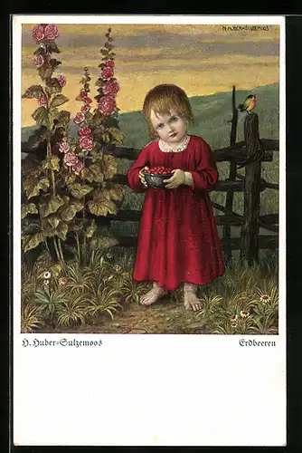 Künstler-AK Hans Huber-Sulzemoos: Kleines Mädchen mit einer Schale Erdbeeren