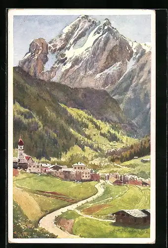 Künstler-AK E.F. Hofecker: Gries bei Canazei, Ortsansicht mit der Marmolata