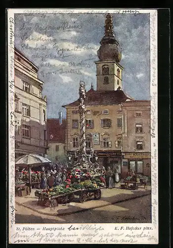 Künstler-AK St. Pölten, Hauptplatz mit Marktständen