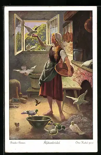 Künstler-AK Otto Kubel: Aschenbrödel lässt die Tauben herein