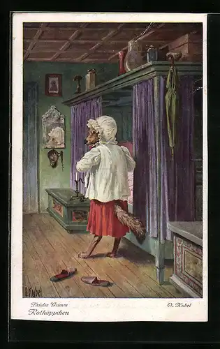 Künstler-AK Otto Kubel: Rotkäppchen, Der Wolf trat in das Haus...