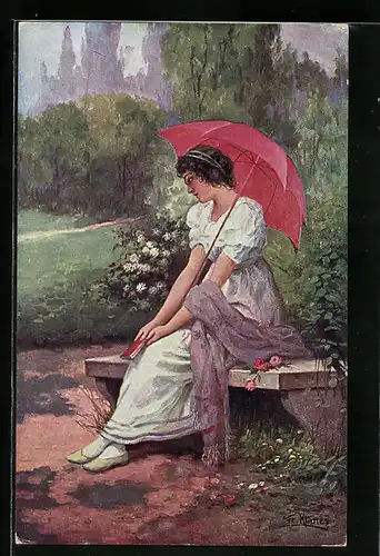 Künstler-AK Fr. Klimes: Ort der Erinnerung, junge Frau auf einer Parkbank