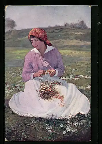 Künstler-AK Fr. Klimes: Na lukach, schöne Frau auf der Wiese