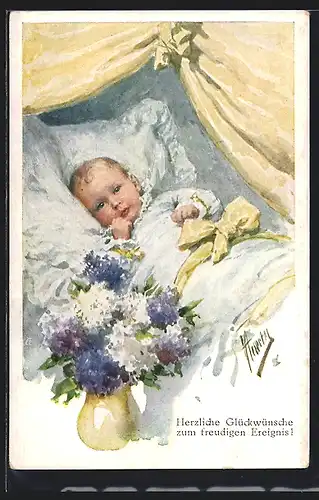 Künstler-AK Karl Feiertag: Kleinkind im Bett, Vase mit Blumen