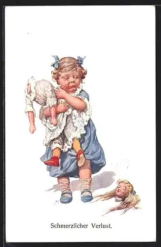 Künstler-AK Karl Feiertag: Schmerzlicher Verlust, weinendes Mädchen mit kaputter Puppe