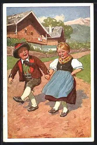 Künstler-AK Karl Feiertag: Zwei Kinder tanzen