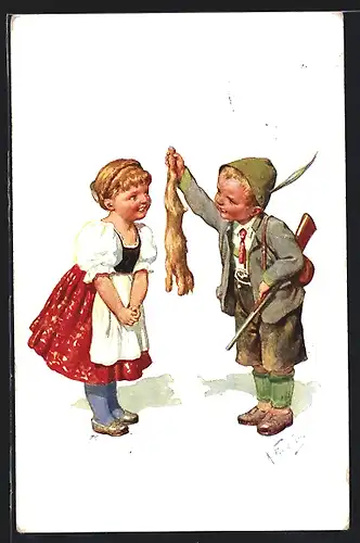 Künstler-AK Karl Feiertag: kleiner Jäger mit Kaninchen und Mädchen
