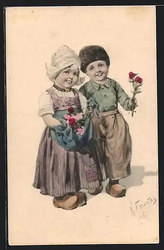 Künstler-AK Karl Feiertag: Kleines Paar in Holzschuhen mit Blumen