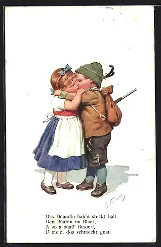 Künstler-AK Karl Feiertag: Bayrisches Kinderpaar küsst sich