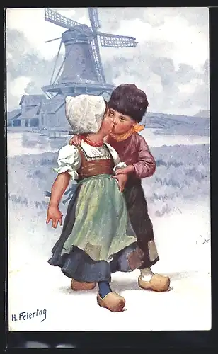 Künstler-AK Karl Feiertag: Kleines Paar in Tracht und Holzschuhen vor einer Windmühle