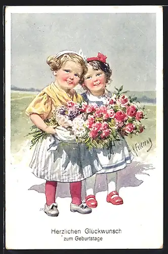 Künstler-AK Karl Feiertag: Kleine Gratulantinnen mit Blumen zum Geburtstag