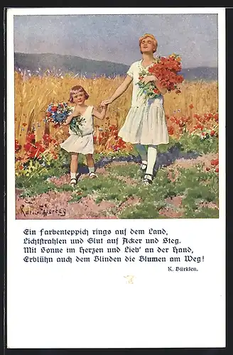 Künstler-AK Karl Feiertag: Mutter und Kind mit gepflückten Blumensträussen