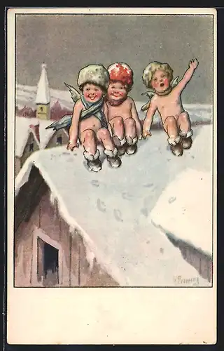 Künstler-AK Karl Feiertag: Drei nackte Engelchen auf einem Dach im Schnee