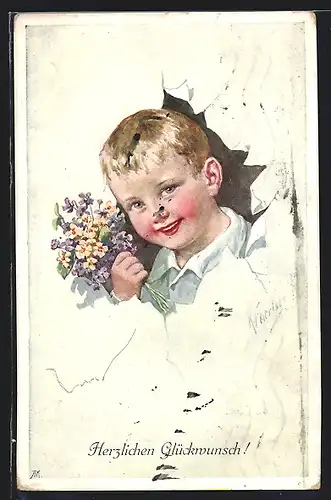 Künstler-AK Karl Feiertag: Porträt eines Kleinen Jungen mit Blumen in der Hand