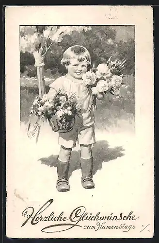 Künstler-AK Karl Feiertag: Kleiner Blumenbote, Namenstagsgruss