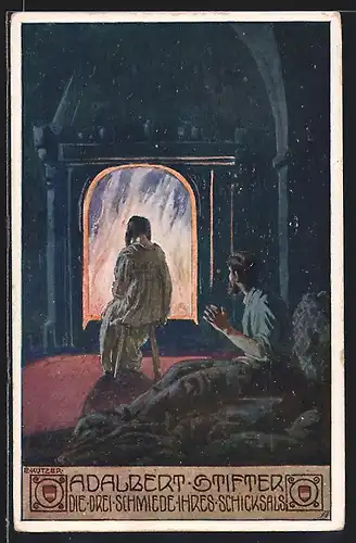 Künstler-AK Ernst Kutzer: Adalbert Stifter, die drei Schmiede ihres Schicksals, Frau sitzt vor Kaminfeuer