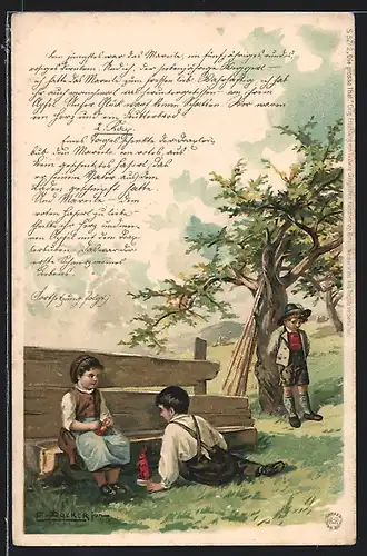 Künstler-AK E. Döcker: kleiner Flirt unter Kindern, eifersüchtiger Bube steht abseits am Baum