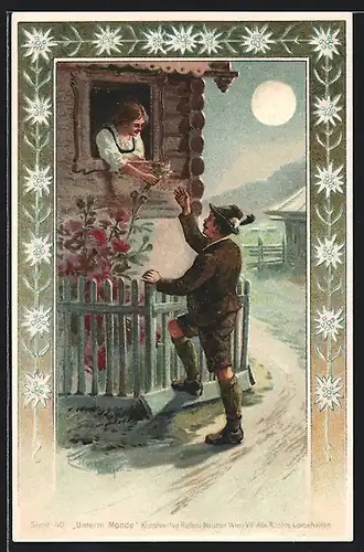 Künstler-AK E. Döcker: Junges Mädchen bekommt Besuch bei Mondschein