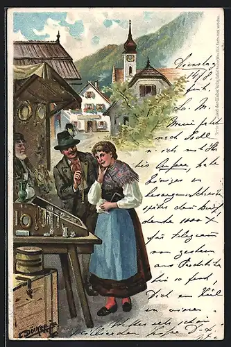 Künstler-AK E. Döcker: Junges Paar kommen aus der Kirche