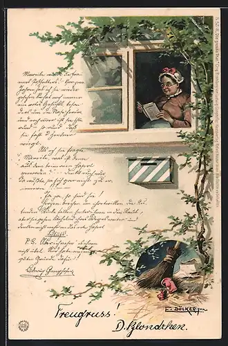 Künstler-AK E. Döcker: Hausfrau liest am offenen Fenster
