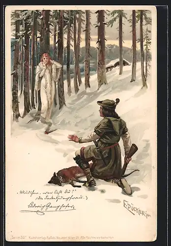 Künstler-Lithographie E. Döcker: Jäger und weisse Dame