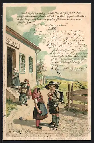 Künstler-Lithographie E. Döcker: Die grosse That, Schulkinder