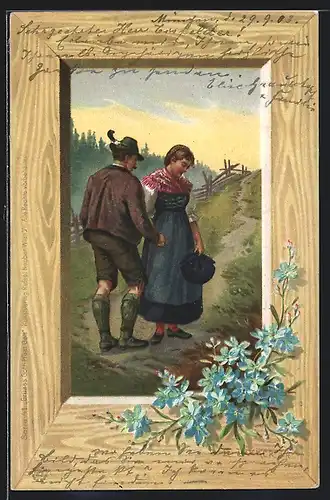 Künstler-AK E. Döcker: Mann und Frau in Tracht nehmen Abschied
