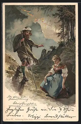 Künstler-Lithographie E. Döcker: Ludwig Ganghofer, Wanderer und Maid bei Gewitter