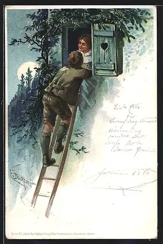 Künstler-AK E. Döcker: Fensterln bei Vollmond