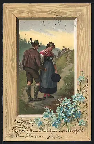 Künstler-AK E. Döcker: Mann und Frau in Tracht nehmen Abschied