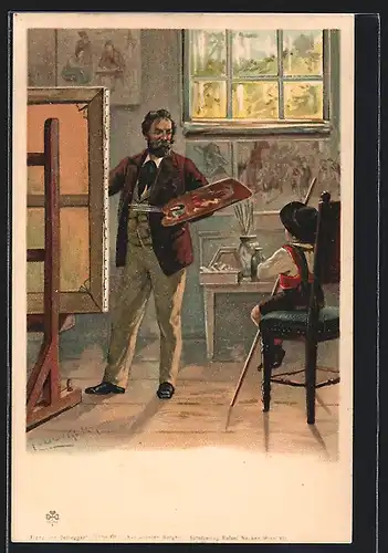 Künstler-AK E. Döcker: Maler an der Staffelei mit Jungen