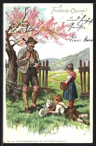 Künstler-AK E. Döcker: Vater und Kinder beim Osterhasen füttern