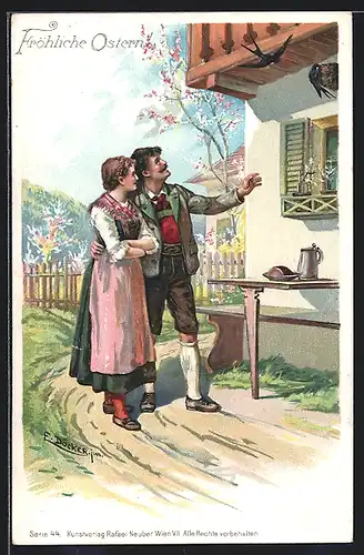 Künstler-AK E. Döcker: Osterglückwünsche, Paar betrachtet Vogelnest