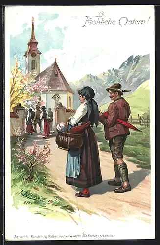 Künstler-Lithographie E. Döcker: Fröhliche Ostern!, Kirchgänger