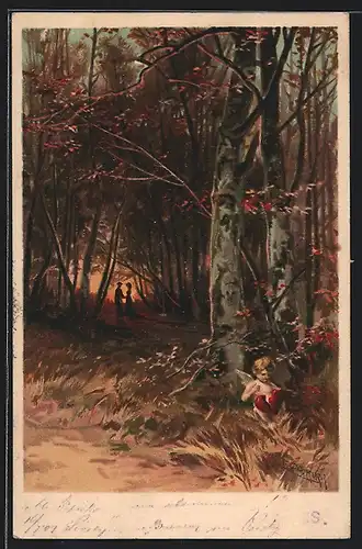 Künstler-Lithographie E. Döcker: Ei, Ei, Amor repariert gebrochenes Herz