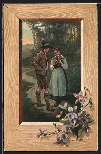 Künstler-AK E. Döcker: Mann schenkt Dame eine Blume
