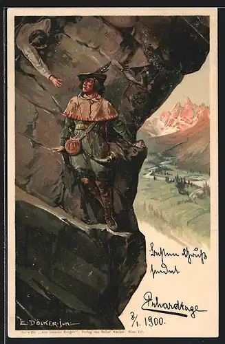Künstler-AK E. Döcker: Mann auf einem Felsberg