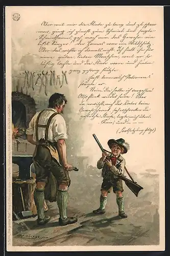 Künstler-AK E. Döcker: Knabe zeigt seinem Vater stolz das Gewehr