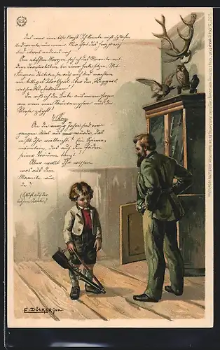 Künstler-AK E. Döcker: Junge mit Gewehr und Vater vor Jagdtrophäen