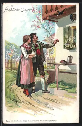Künstler-AK E. Döcker: Osterglückwünsche, Paar betrachtet Vogelnest