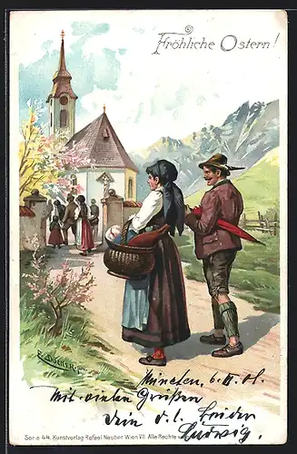 Künstler-Lithographie E. Döcker: Fröhliche Ostern!, Kirchgänger