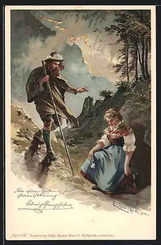 Künstler-Lithographie E. Döcker: Ludwig Ganghofer, Wanderer und Maid bei Gewitter