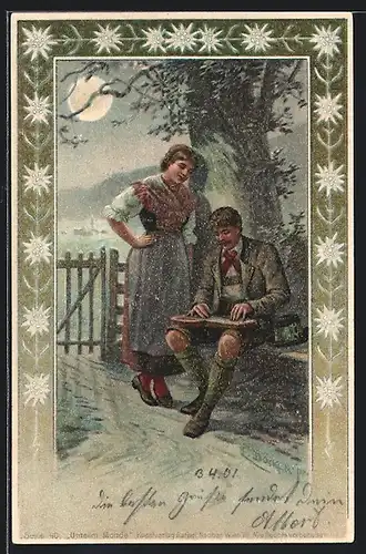 Künstler-AK E. Döcker: Liebespaar mit Zither bei Vollmond