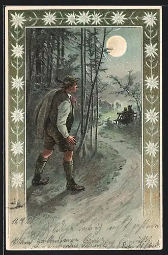 Künstler-AK E. Döcker: Wanderer begegnet einem Liebespaar bei Vollmond