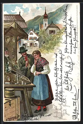 Künstler-AK E. Döcker: Junges Paar kommen aus der Kirche