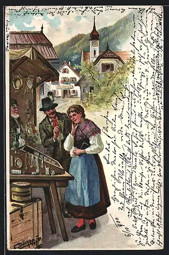 Künstler-AK E. Döcker: Junges Paar kommen aus der Kirche