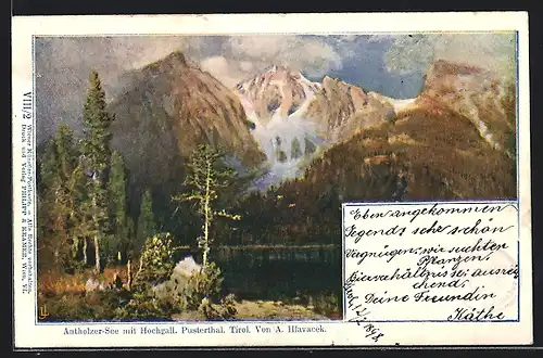Künstler-AK Philipp + Kramer Nr. VIII /2: Antholzer-See mit Hochgall, Pusterthal