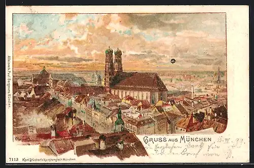 Künstler-AK München, Teilansicht mit Frauenkirche