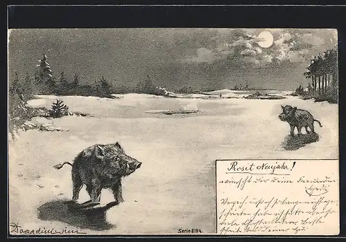 Künstler-AK Ermenegildo Carlo Donadini: Wildschweine im Schnee bei Mondschein