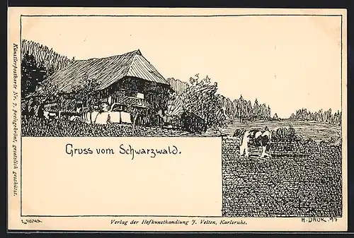 Künstler-AK sign. H. Daur: Blick auf einen schwarzwälder Bauernhof mit Kuhweide